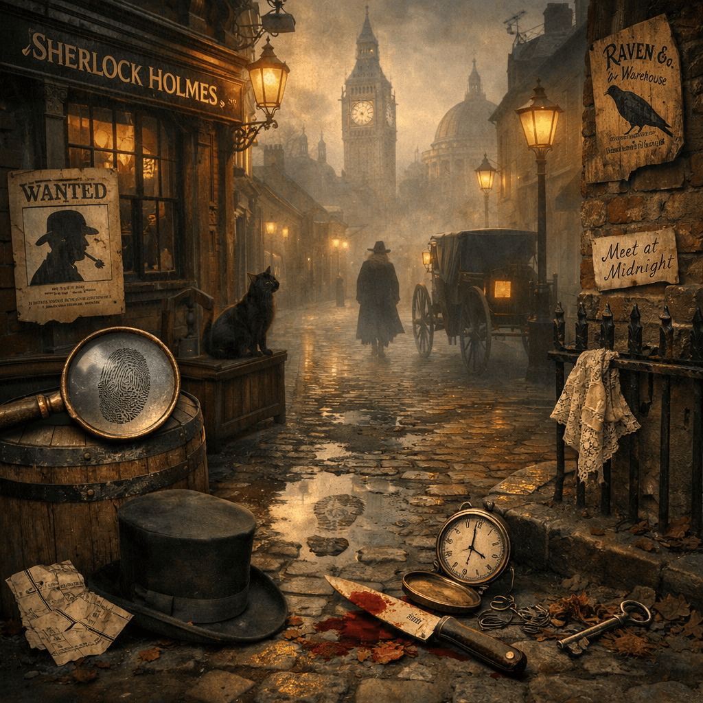 Foggy cobblestone London street with bloodied knife, pocket watch, top hat, and silhouette figure walking away