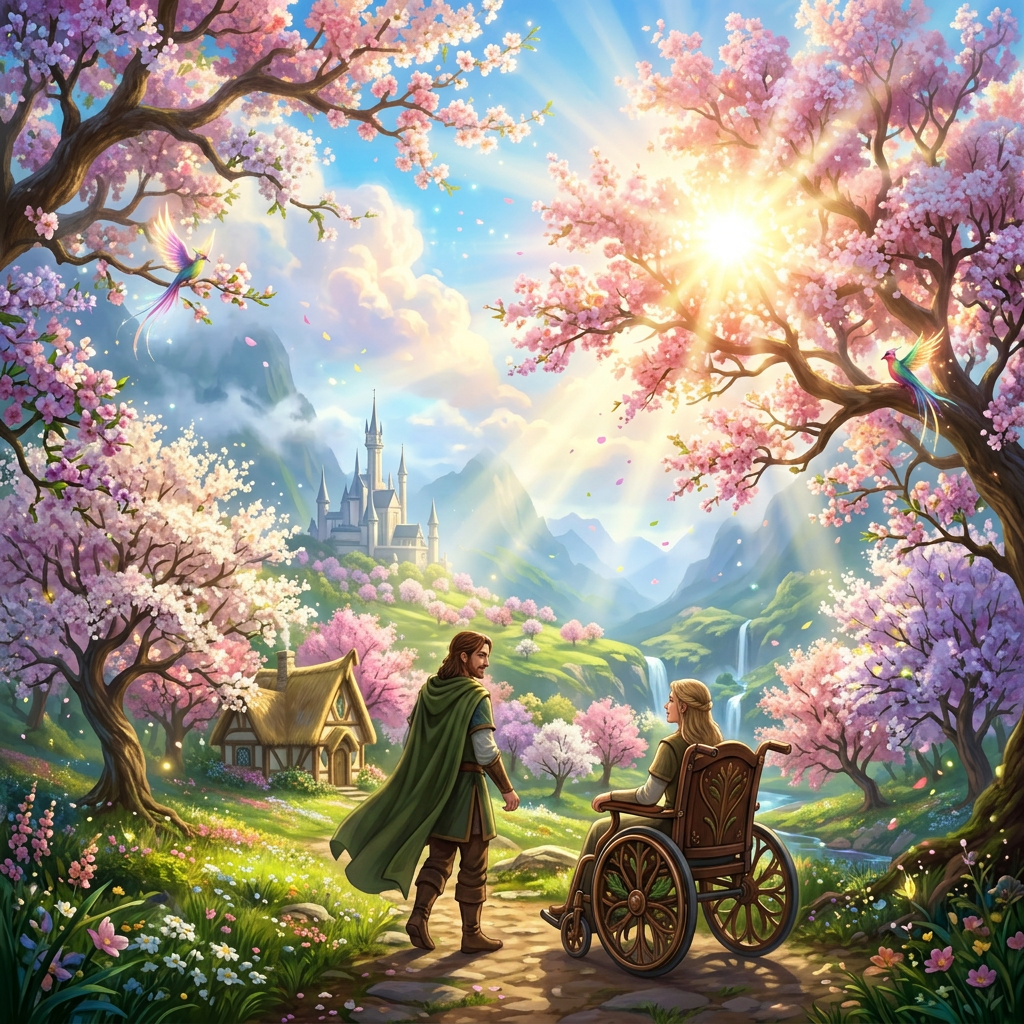 Couple walking on a path in a flowering valley with cherry blossoms, a river, waterfalls, and a castle in the background under a bright sun.