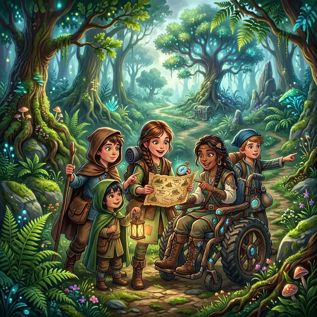 Five children in medieval-style clothes exploring a magical forest with map and lantern.
