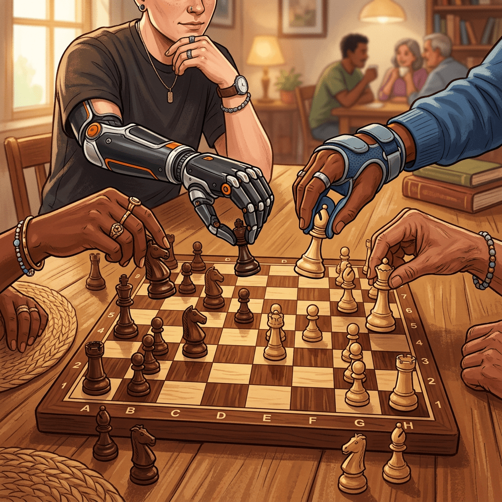 Four hands playing chess, two with advanced prosthetic and supportive devices