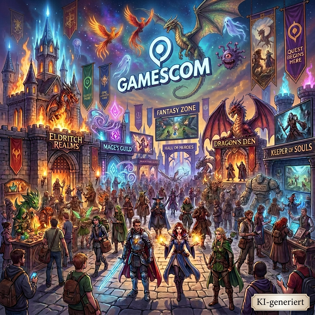 Fantasy-themed Gamescom event with costumed characters, dragons, guilds, and visitors