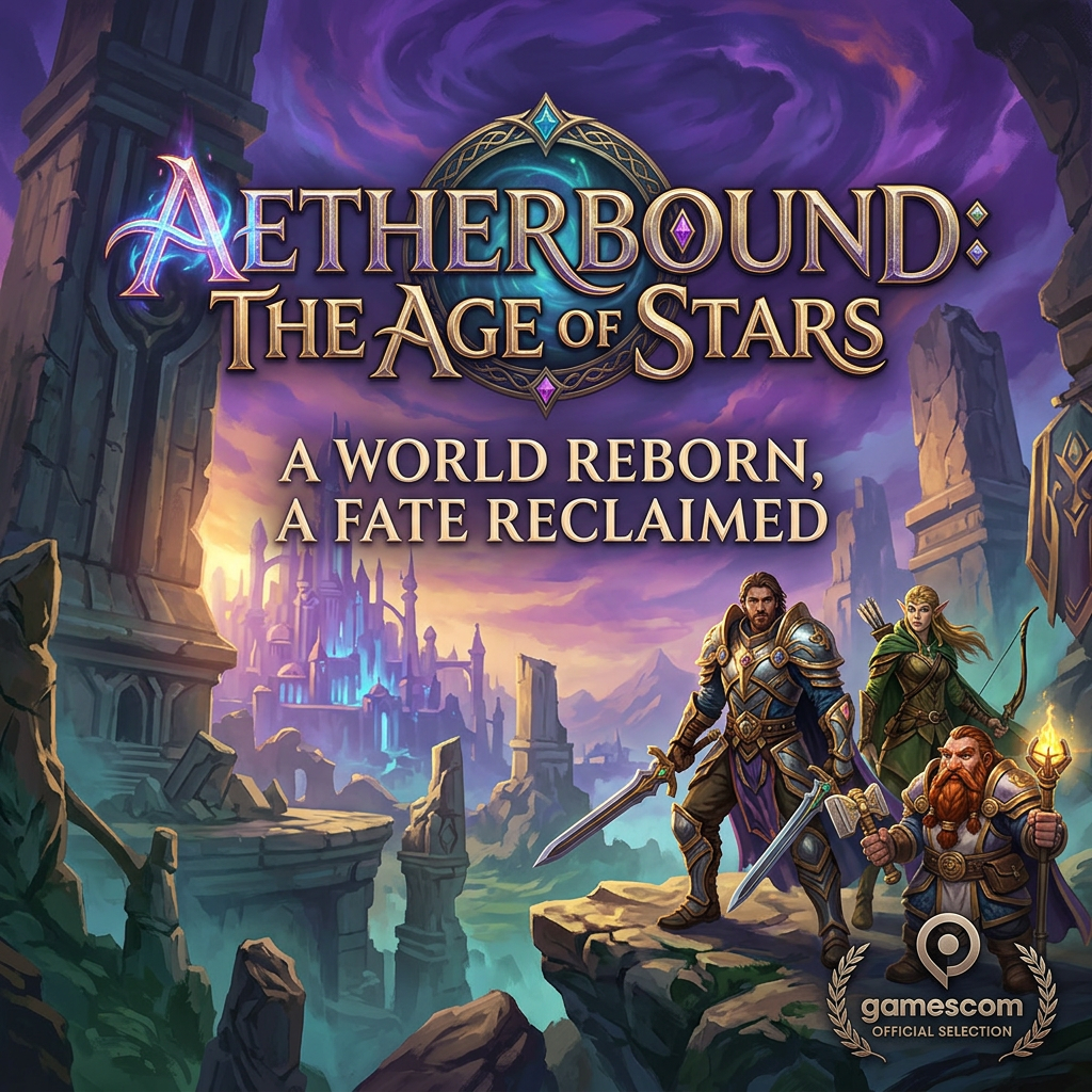 Aetherbound: The Age of Stars poster with three heroes and fantasy ruins AI Generated