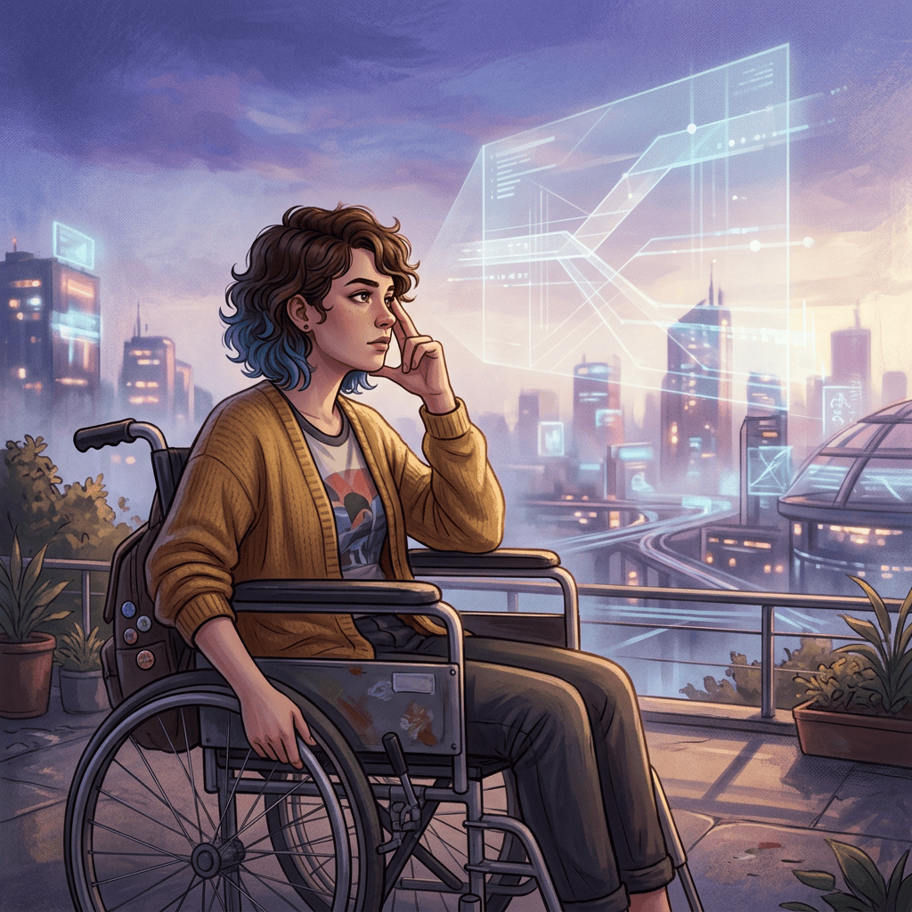 Woman in wheelchair viewing a futuristic city with holographic data displays