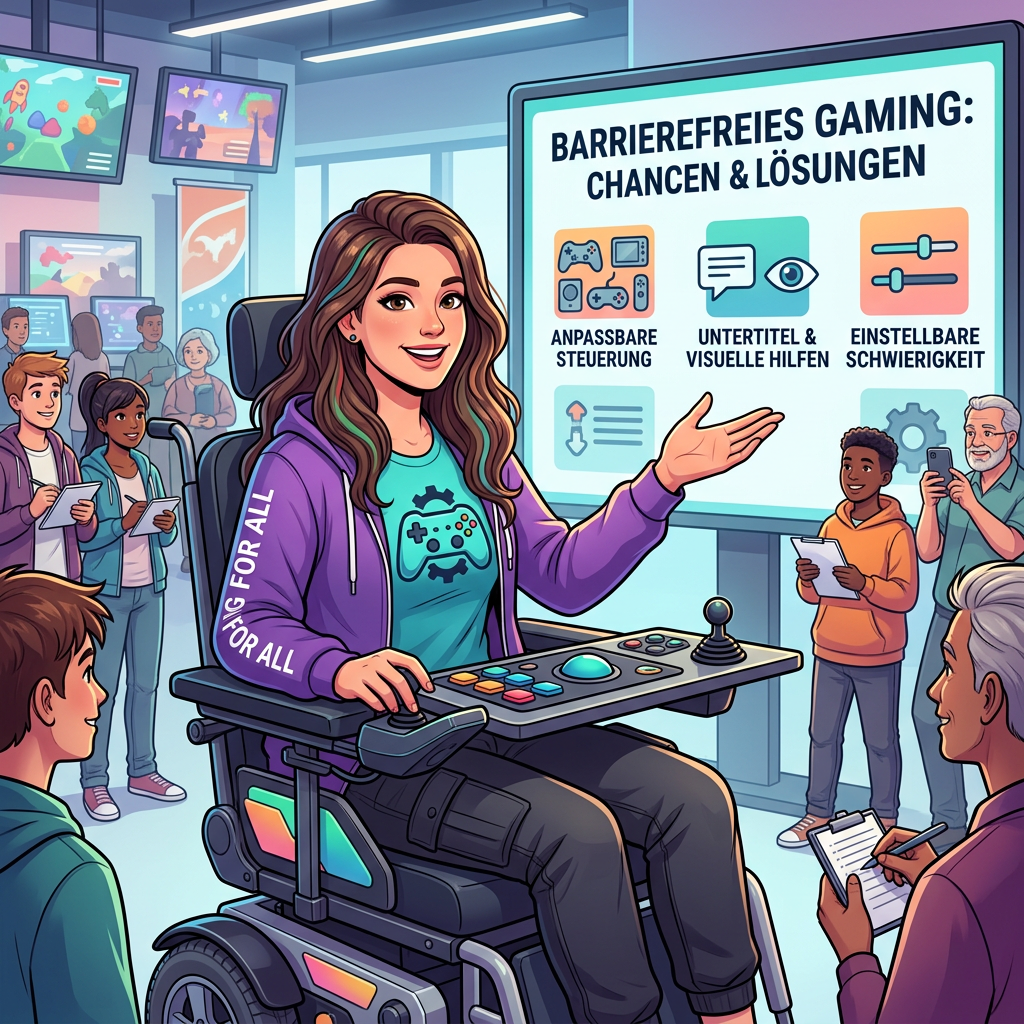 Woman in wheelchair presenting “BARRIEREFREIES GAMING: CHANCEN & LÖSUNGEN” with “ANPASSBARE STEUERUNG,” “UNTERTITEL & VISUELLE HILFEN,” and “EINSTELLBARE SCHWIERIGKEIT.”